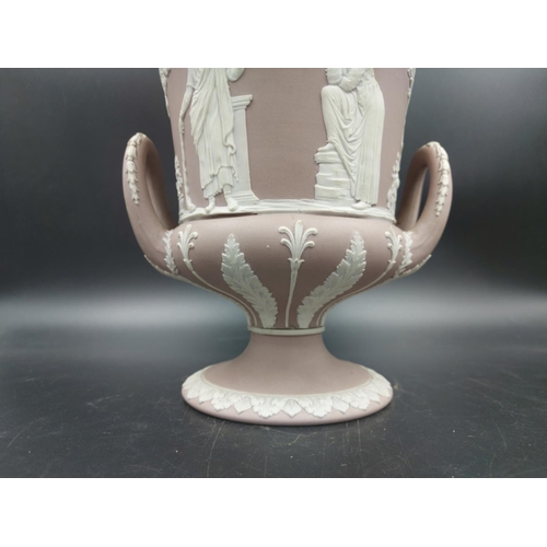 380 - A Wedgwood lilac Jasperware twin handled vase - approx. 22.5cm