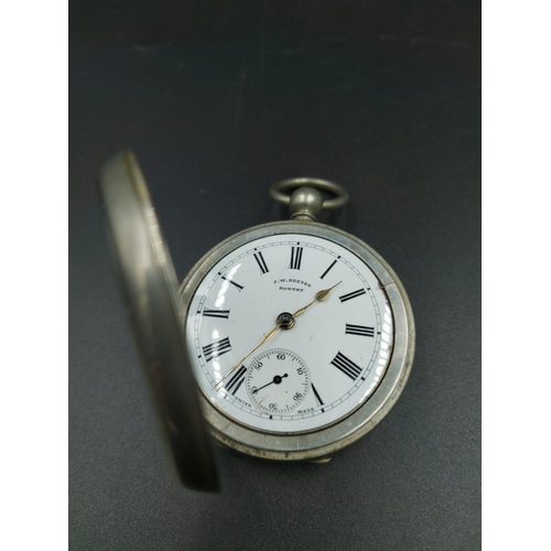 212 - A J.W. Reeves of Bawtry white metal pocket watch - approx. 8cm high x 5cm diameter