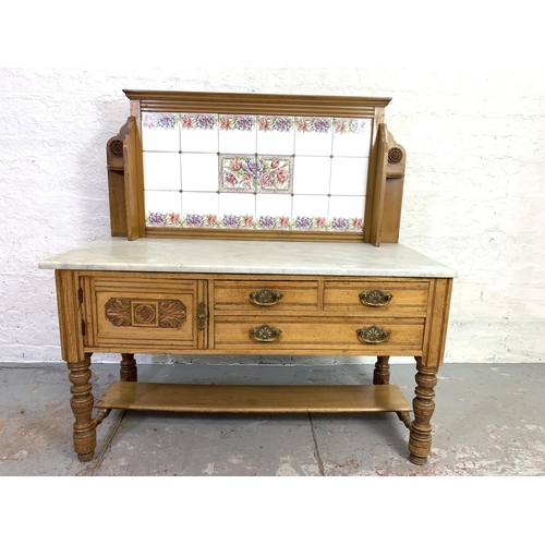 680 - A Griddle & Smith of Truro Aesthetic movement satinwood and oak washstand with white marble top and ... 