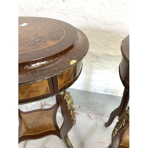 689 - A pair of French Louis XV style mahogany and walnut bedside tables each having one drawer and gilt m... 