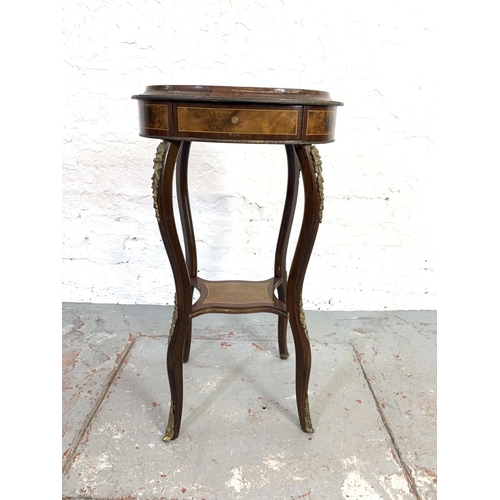 689 - A pair of French Louis XV style mahogany and walnut bedside tables each having one drawer and gilt m... 