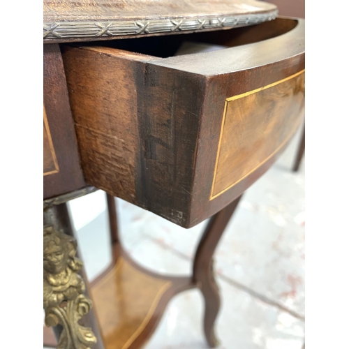 689 - A pair of French Louis XV style mahogany and walnut bedside tables each having one drawer and gilt m... 