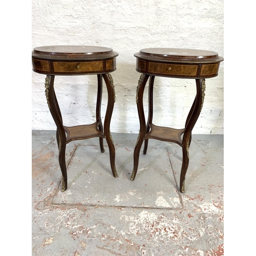 689 - A pair of French Louis XV style mahogany and walnut bedside tables each having one drawer and gilt m... 