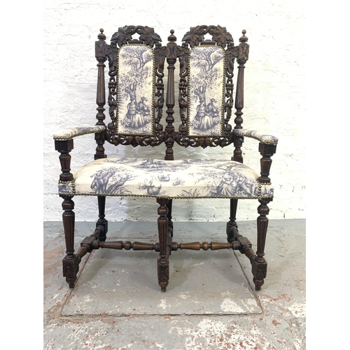 701 - A late Victorian heavily carved oak and upholstered two seater bench - approx. 110cm high x 72cm wid... 