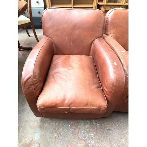 768 - A pair of Habitat brown leather armchairs with one matching stool