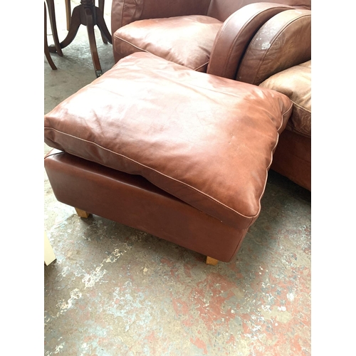 768 - A pair of Habitat brown leather armchairs with one matching stool