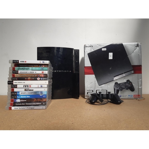 1071 - A box containing two Sony PlayStation 3 consoles, one unboxed and one boxed with leads, controller a... 