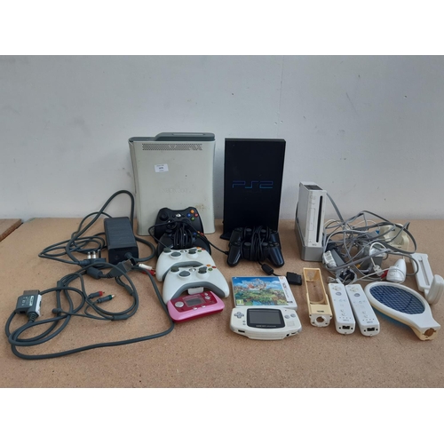 1076 - Two boxes containing Xbox 360 console with leads, power supply and controllers, Nintendo Wii with co... 