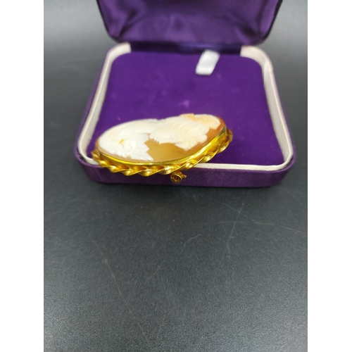 230A - A hallmarked 9ct gold cameo pin brooch - approx. 5cm x 3.5cm and gross weight 10.1 grams