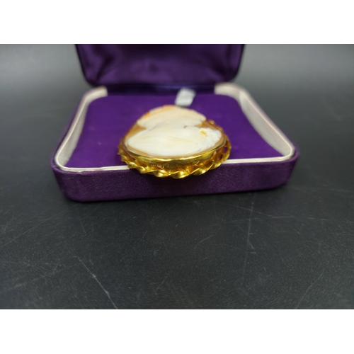 230A - A hallmarked 9ct gold cameo pin brooch - approx. 5cm x 3.5cm and gross weight 10.1 grams