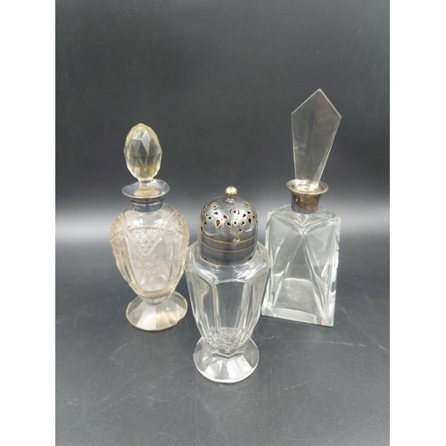 252 - Three items, one Art Deco cut glass 21cm perfume bottle with hallmarked Birmingham silver collar dat... 