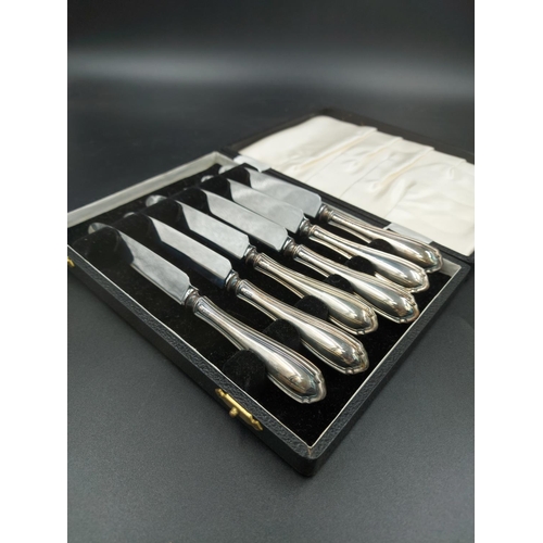 254 - A cased set of hallmarked Sheffield silver handled butter knives by Atkin Bros, dated 1954.