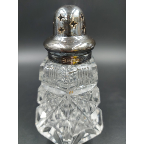 264 - Nine items, one cut glass sugar shaker with hallmarked Sheffield silver top dated 1930 and a set of ... 