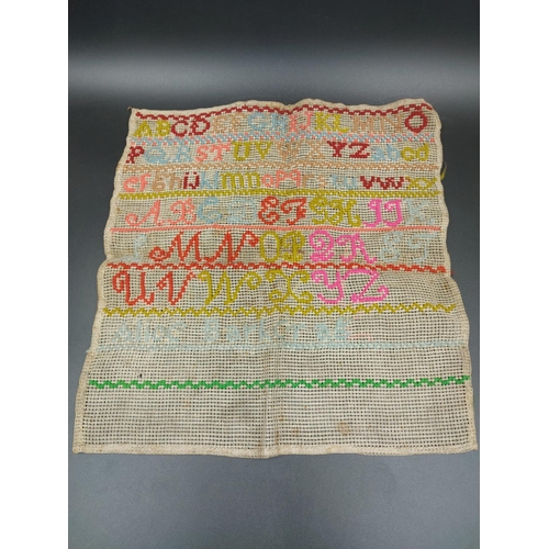 333 - A 19th century alphabet sampler by Alice Barker - approx. 30cm x 30cm