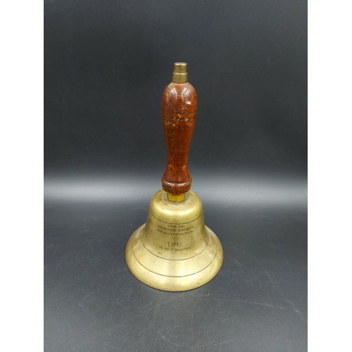 342 - A mid 20th century Scope brass and oak handled charity bell with inscription - approx. 23cm high