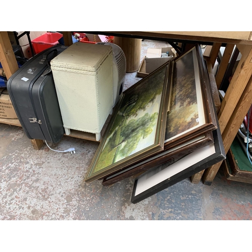 1524 - A large mixed clearance lot to include framed pictures, modern porcelain sink, vintage suitcase, car... 