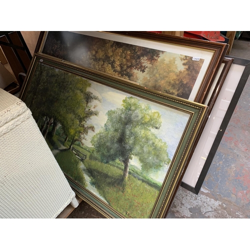 1524 - A large mixed clearance lot to include framed pictures, modern porcelain sink, vintage suitcase, car... 