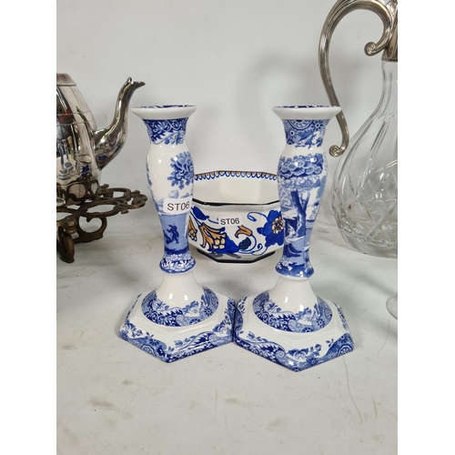 439 - A collection of various items to include a pair of Spode Italian design candle sticks, James Alban S... 