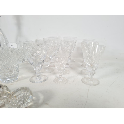 441 - A collection of various glassware to include three Webb Corbett shot glasses, decanter, four further... 