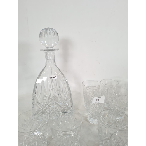 441 - A collection of various glassware to include three Webb Corbett shot glasses, decanter, four further... 