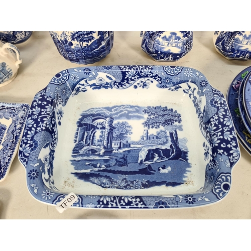 456 - A collection of various blue and white china to include two Mason's 'Vista' jugs, Spode 'Tower' desi... 