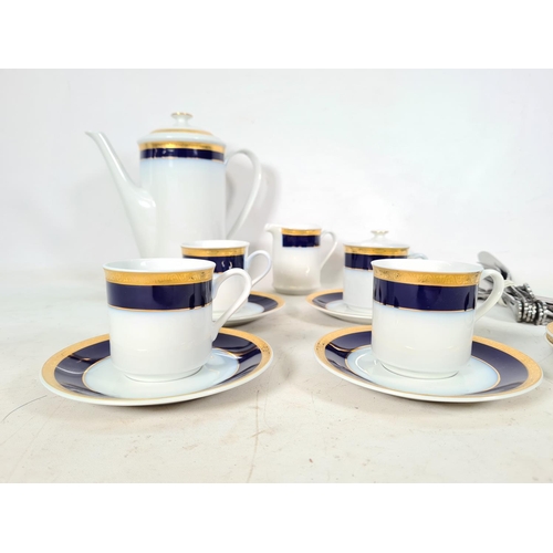 458 - A fourteen piece Leander 1946 RGK china DDE Boheme cobalt blue & gold coffee set comprising five cup... 