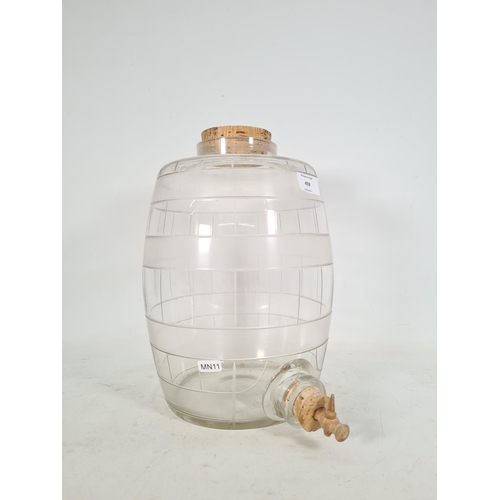 459 - A 20th century etched glass liquor barrel with cork stopper and lid - approx. 34cm high