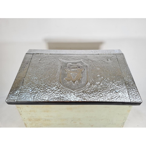 470 - A bespoke painted pine coal box with metal lid and atomic supports - approx. 51cm high x 54cm wide x... 