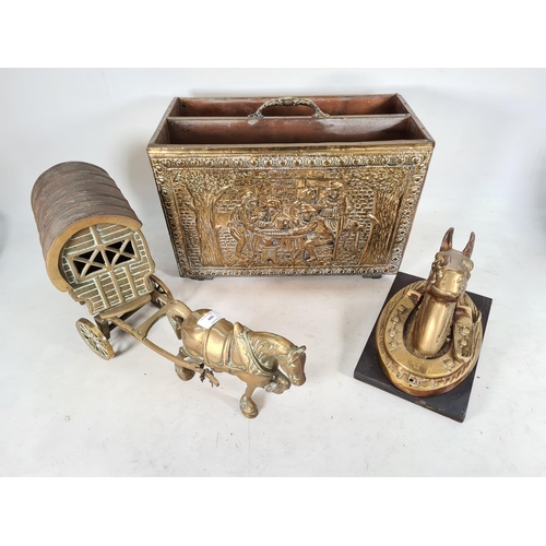 486 - Three pieces of brassware, one horse and cart model - approx. 51cm long, one embossed brass two divi... 