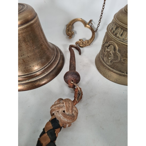 490 - Four vintage brass bells and one brass bracket