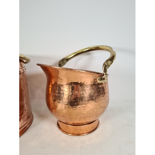 495 - Two items, one Victorian copper coal scuttle and one copper and brass log bucket - approx. 30cm high... 