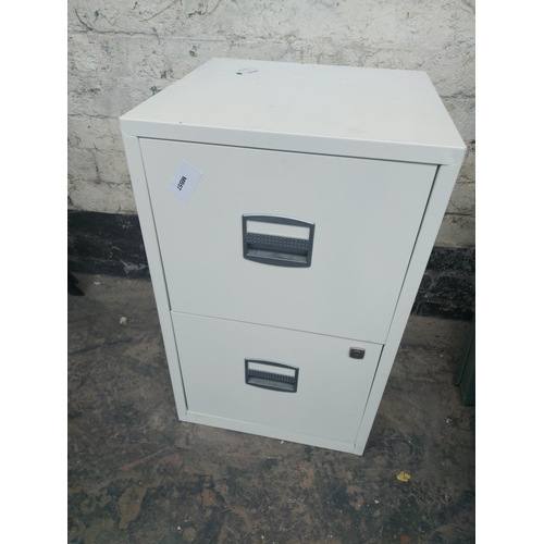 1220 - Three items, one white two drawer metal office filing cabinet and two wood effect dressing table mir... 