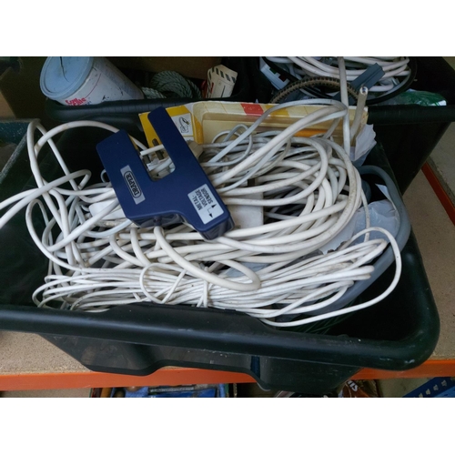 1236 - Three boxes containing extension leads, rope, screws, shelf brackets, boxed electric spray gun etc.