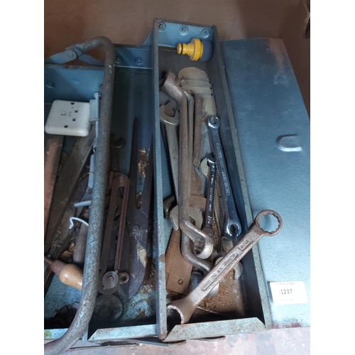 1237 - A blue metal cantilever tool box containing King Dick, Elora, Williams Superslim spanners, files, ti... 