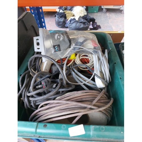 1254 - Two boxes containing chrome mixer tap, plumbing items, multi plugs, electrical cable etc.