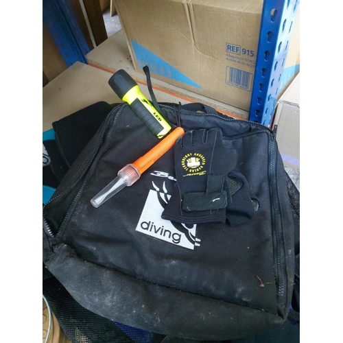 1268 - A bag containing various scuba diving equipment to include Azdry drysuit, Circle One size 12 wetsuit... 