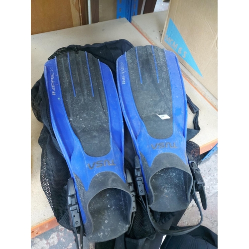 1268 - A bag containing various scuba diving equipment to include Azdry drysuit, Circle One size 12 wetsuit... 