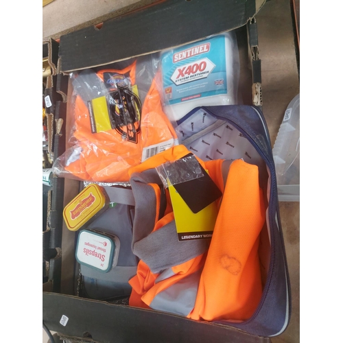 1282 - Five boxes containing, Phillips portable radio cassette, pliers, safety hard hats, Dickies hi vis cl... 