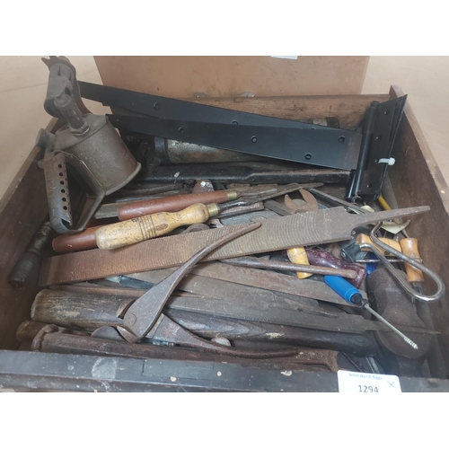 1294 - Two boxes containing files, vintage blow torch, grease gun, spanners, wood chisels, ball peen hammer... 