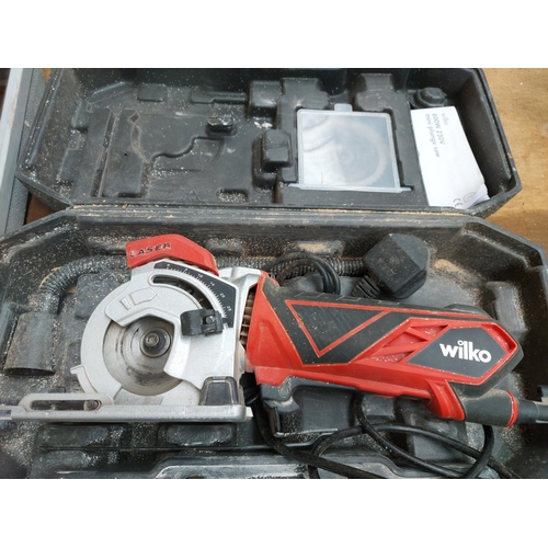 1303 - Three cased power tools, one black and red Wilko 600w 89mm mini hinge saw, one Nutool MPT655-2 heavy... 