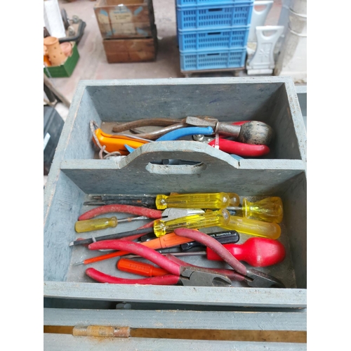 1312 - A grey painted wooden toolbox containing Stanley hand drill and drill brace, Kinzo 15 piece ½inch dr... 