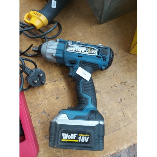 1314 - Five power tools to include one black and yellow DeWalt D25133 electric drill, one black and orange ... 