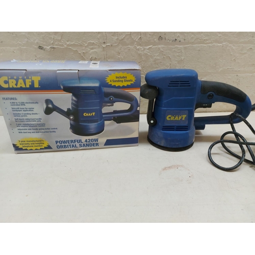 1323 - Six electric power tools, one blue Bosch PBS75 belt sander, one boxed Powercraft 420w orbital sander... 