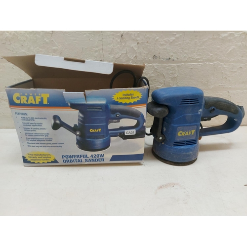 1323 - Six electric power tools, one blue Bosch PBS75 belt sander, one boxed Powercraft 420w orbital sander... 