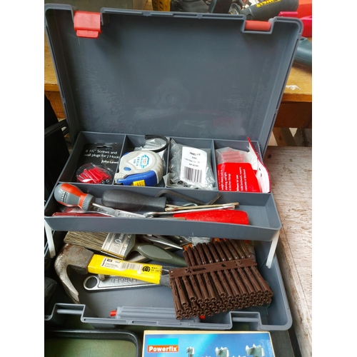 1340 - A mixed lot to include one black Micronta electrical tester, one cased Powerfix five piece router bi... 