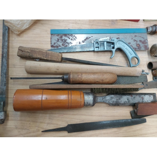 1346 - A mixed lot to include Wolf wood chisels, tin snips, hack saw, hand saw etc.