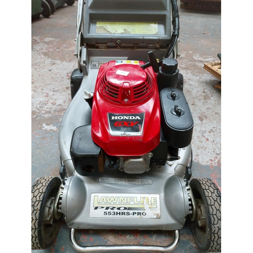 1357 - A red and silver Lawn Flight Pro 553 HRS petrol lawn mower with Honda GXP160 engine and grass collec... 