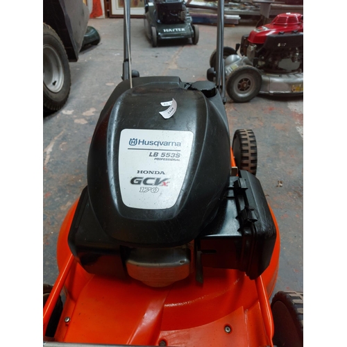 1358 - An orange and black Husqvarna LD553S professional petrol lawn mower with Honda GCV170 engine