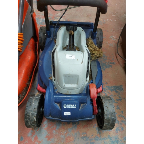 1388 - Two electric lawnmowers, one orange and grey Flymo Hover Compact 300 and one blue and grey Spear & J... 