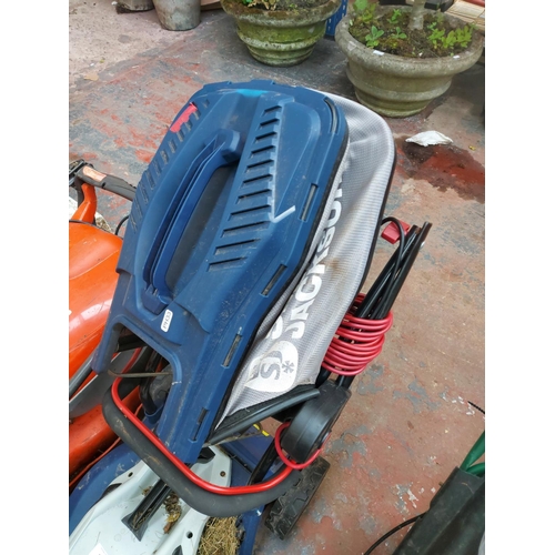 1388 - Two electric lawnmowers, one orange and grey Flymo Hover Compact 300 and one blue and grey Spear & J... 